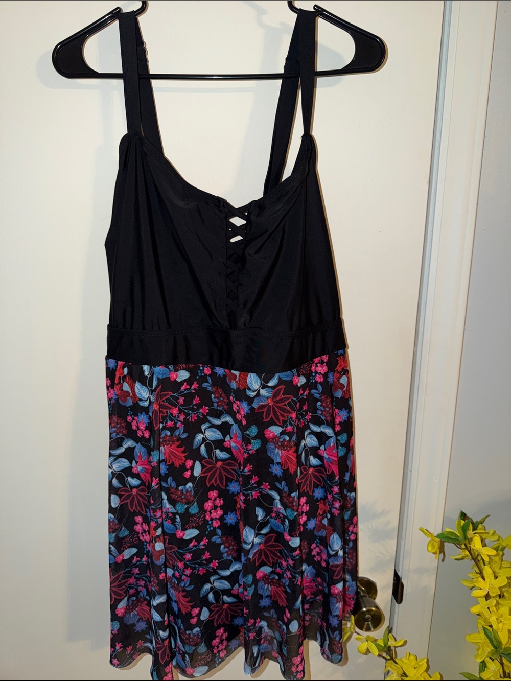 Black Floral Swimdress with Pink & Blue Print